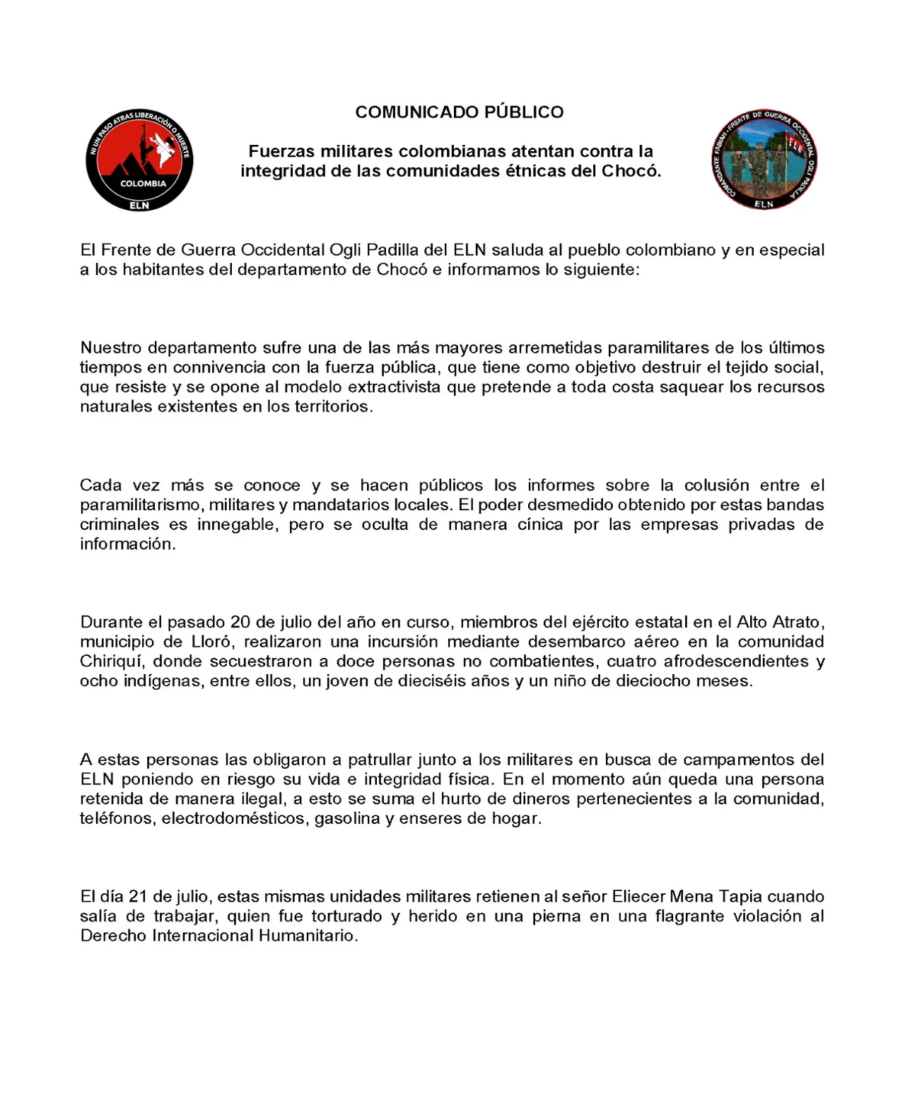 Comunicado del ELN sobre paro armado en el Chocó