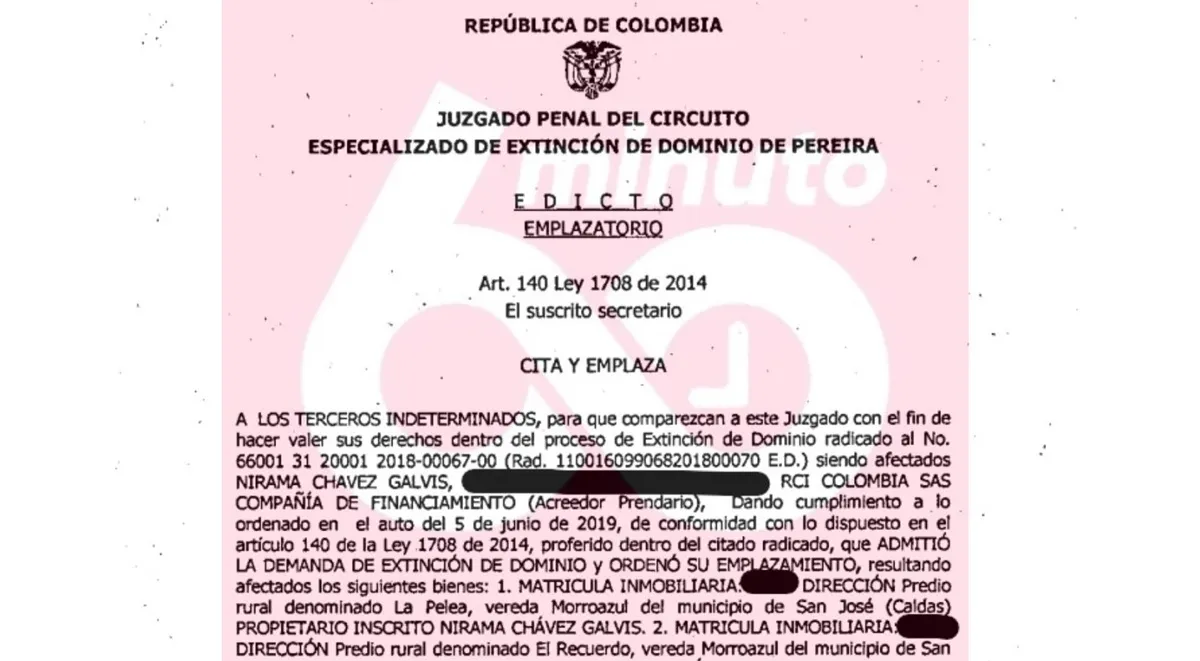 Orden de extinción de dominio en contra de Nirama Chávez Galvis.