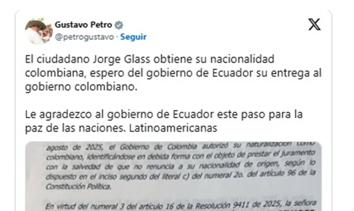 Publicación de Gustavo Petro sobre Jorge Glas