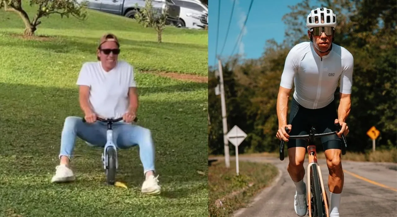 Rigo se cayó montando la bicicleta de su hija Carlota.