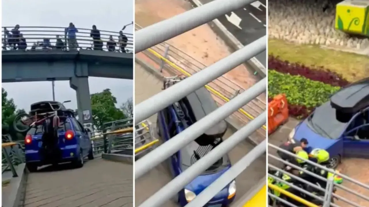 El vehículo quedó atrapado al intentar subir el puente peatonal. Publicaron las placas del conductor que intentó subir un carro por un puente peatonal en Bogotá