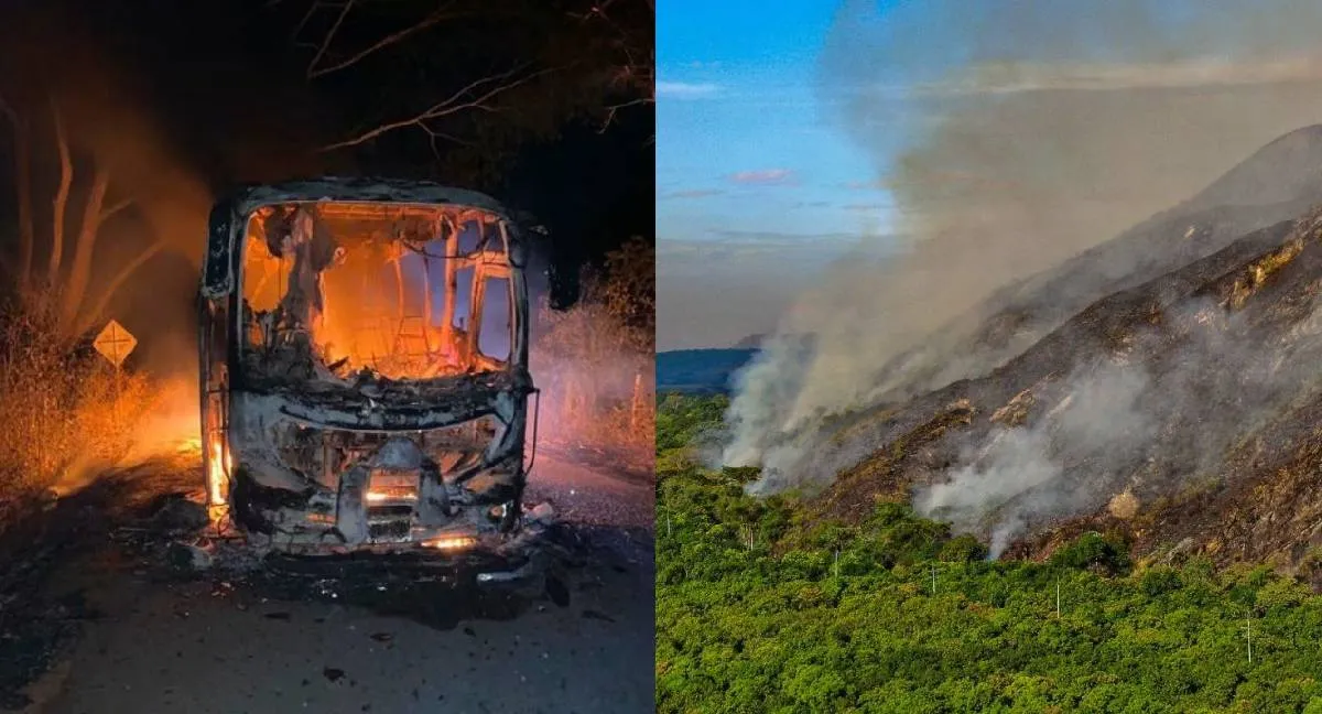 Incendios Tolima Mientras bomberos en Tolima luchan por apagar incendios forestales, disidencias queman un bus