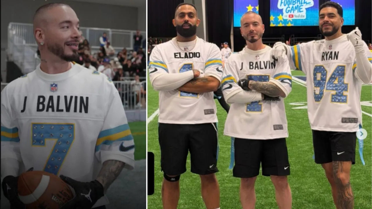 J Balvin, Ryan Castro y Eladio Carrión en el juego de celebridades de flag football. J Balvin lideró el show latino en el Flag Football del Super Bowl