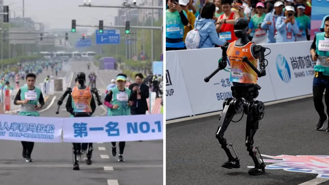Robots humanoides corren junto a atletas en pruebas previas en China. El hombre vs. el robot, el atletismo los unió en una histórica carrera en China: ¿quién ganó?